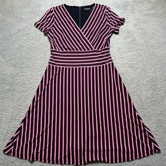 Lauren‎ Ralph Lauren Striped Jersey Fit-and-Flare Dress Black Label Size 8 - Picture 1 of 6